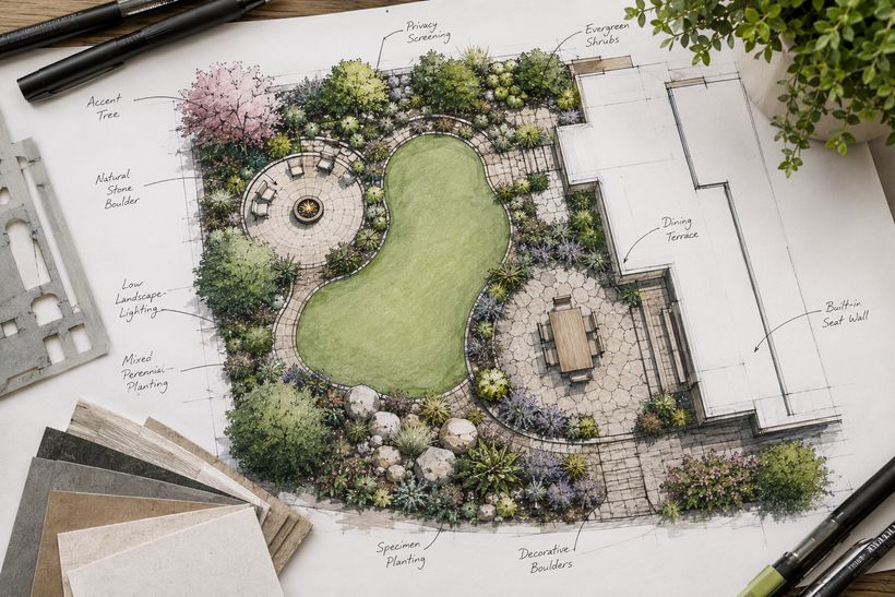 Hand-drawn landscape design plan with labeled plantings, a stone patio and material swatches