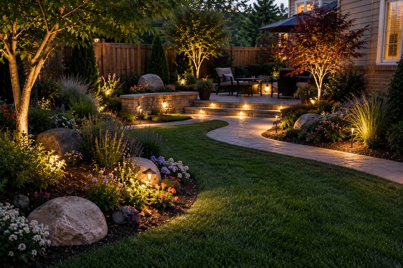 Backyard at dusk with warm landscape lighting, a stone patio and illuminated garden beds