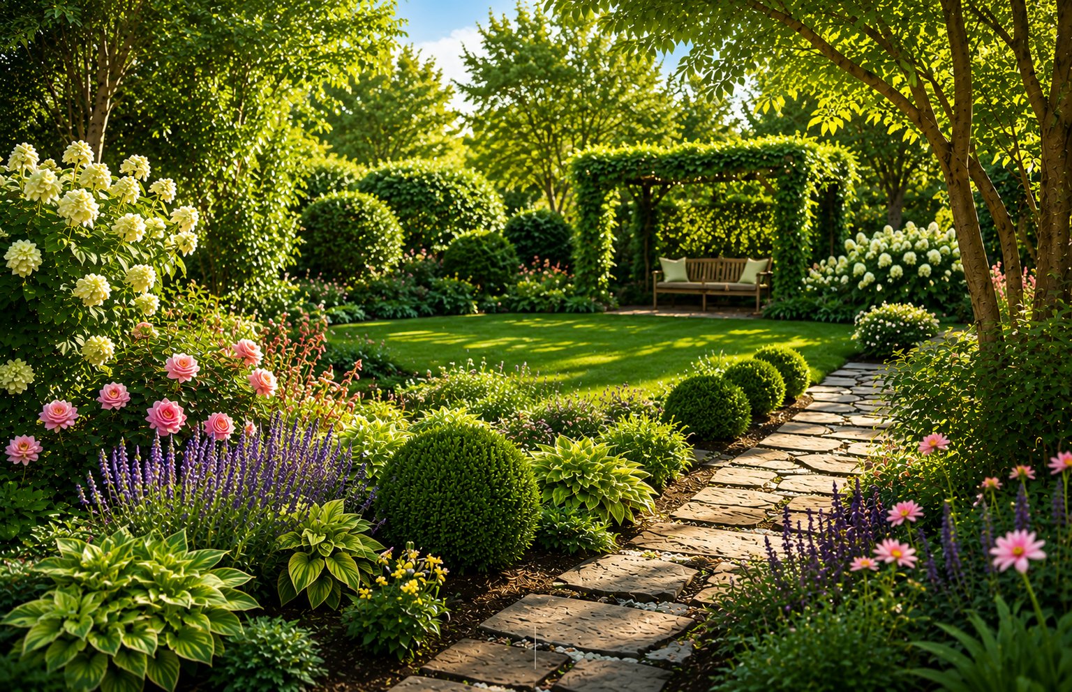 Lush Bay Area garden border glowing in golden evening light, with flowering perennials, ornamental grasses and a curving manicured lawn