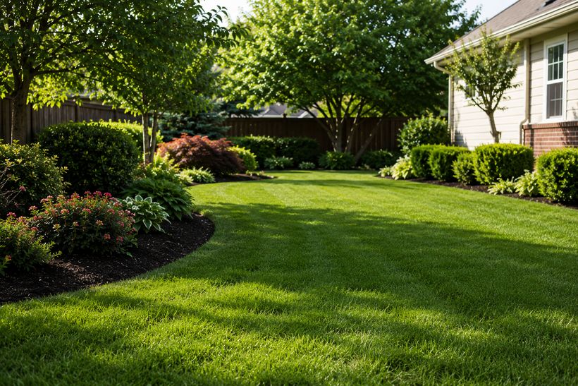 Freshly mowed, healthy green backyard lawn framed by manicured shrubs and trees