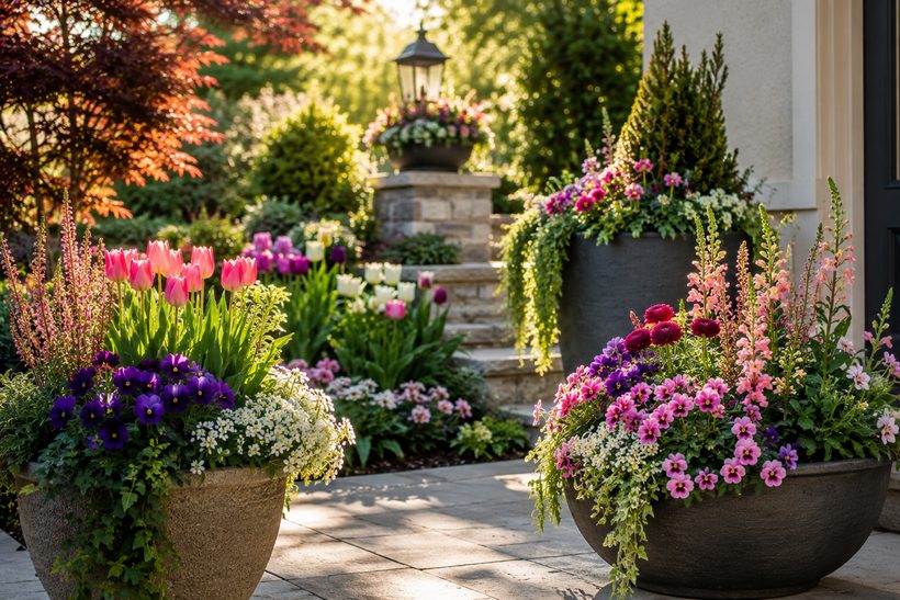 Stone patio planters overflowing with pink tulips, purple pansies and seasonal blooms